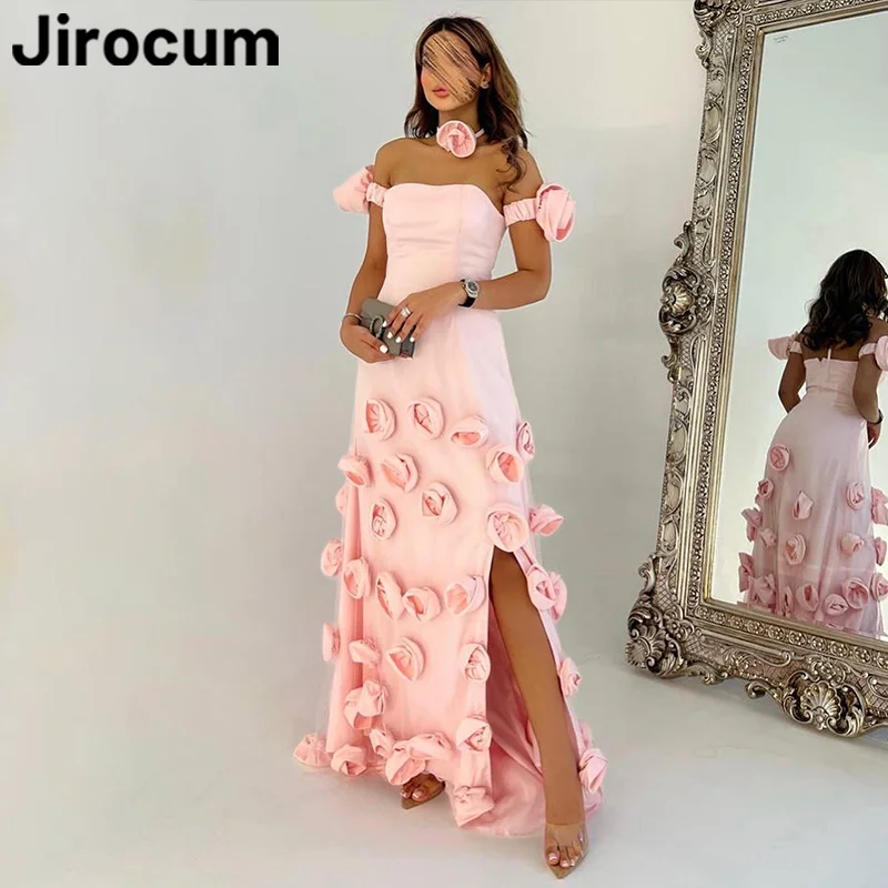 Jirocum 3D 꽃 무도회 원피스 핑크, 끈이 없는 파티 이브닝 가운, 바닥 길이 섹시 사이드 슬릿, A 라인 격식 있는 행사 가운
